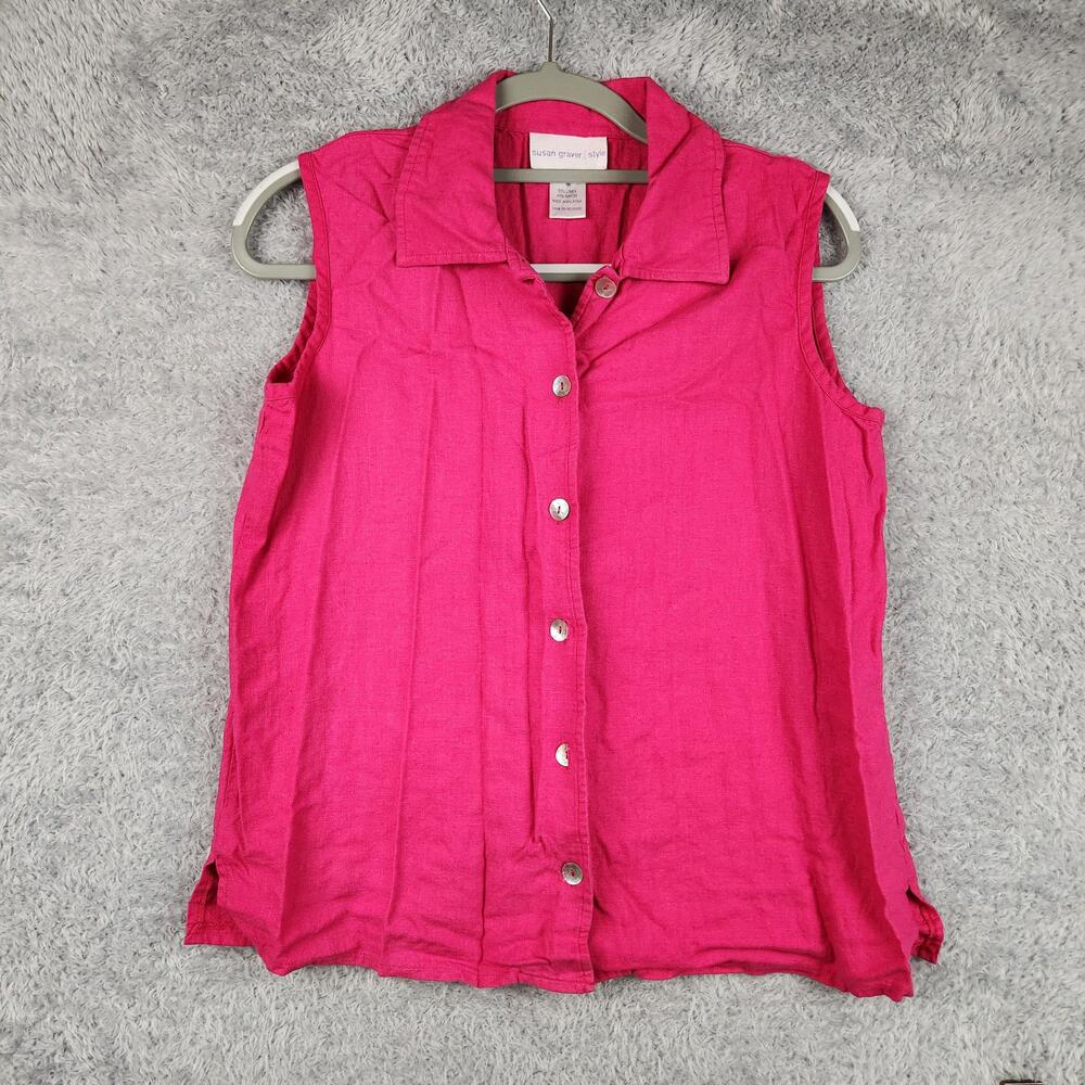 Vintage Susan Graver Style Blouse Womens Medium Pink Linen Preppy Glam Fairy Y2k